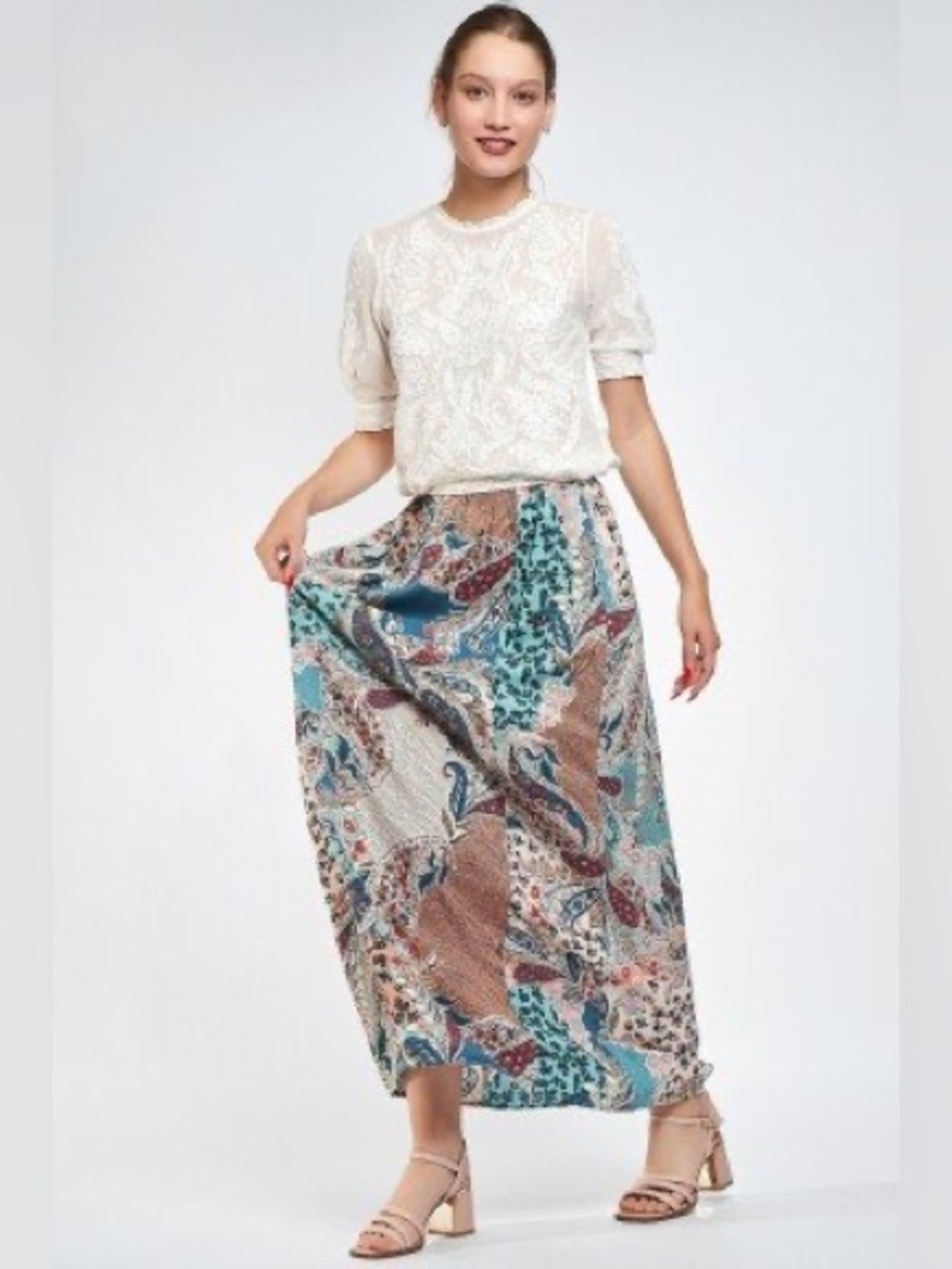 NWT Boho Paisley Patchwork Maxi Skirt in Teal and Brown with Slit